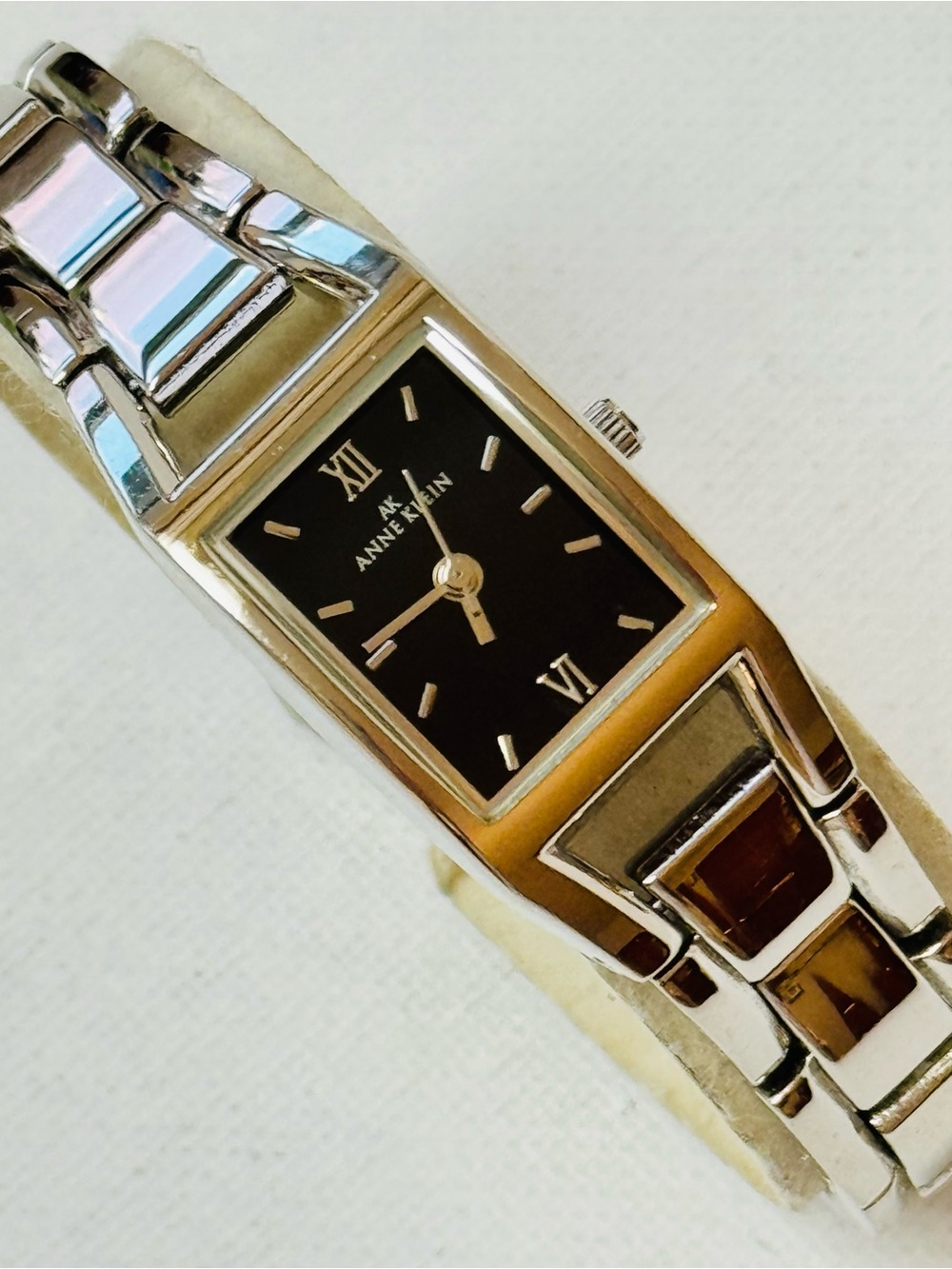 Anne Klein Black Dial Women's Silver Tank Watch Bracelet 6.5" MAX WRIST 10/6419
